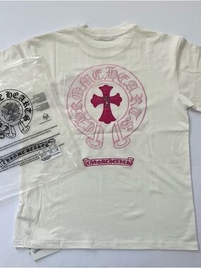 Chrome Hearts Cream Tee with Pink Cross Back Graphic